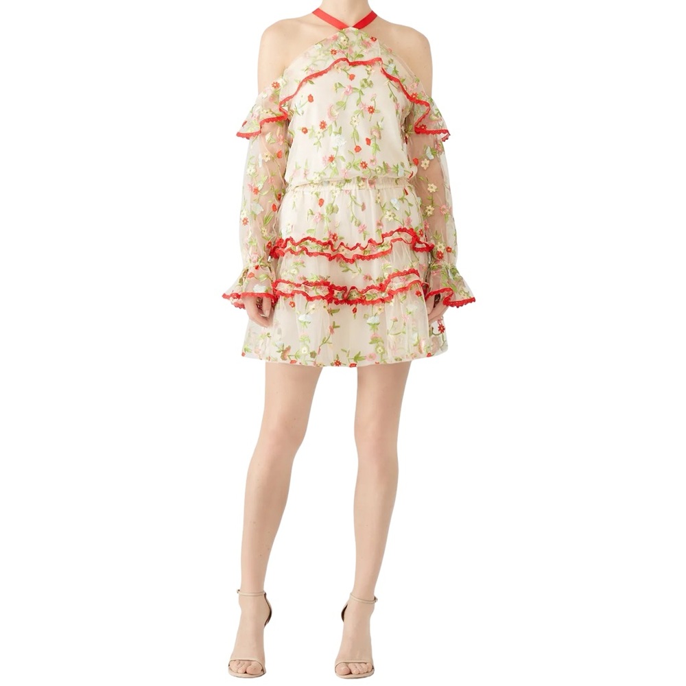 Alexis Adeline Floral Embroidered Mini Dress Ivory Red Off Shoulder Romantic